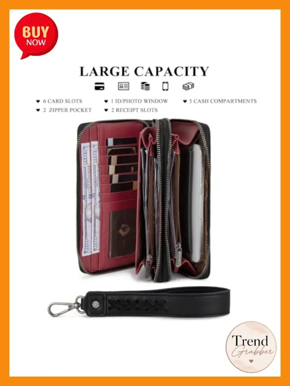 Large RFID Phone Wristlet Wallet with Multiple Pockets & Detachable Strap
